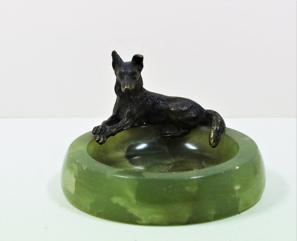 Bronze Alsatian Dog Green Onyx Ashtray Image